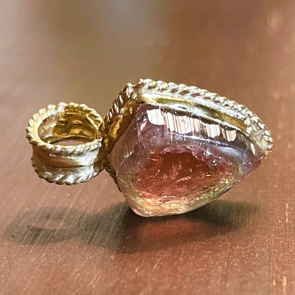 14K Solid Gold GLOWING Green and Pink Watermelon Tourmaline Amulet! - Picture 1 of 10